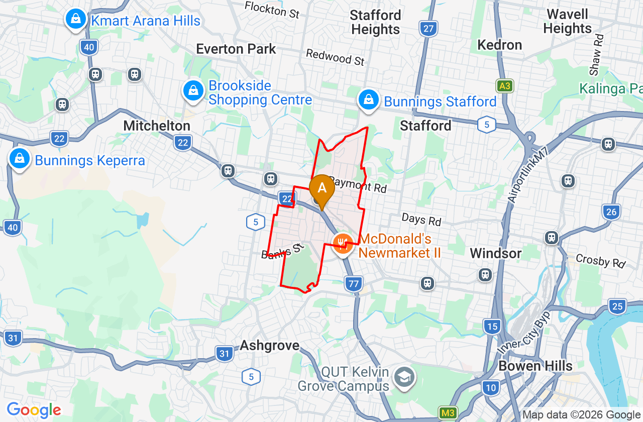 Map showing PCFixer computer repair service area and suburb boundary around Alderley QLD