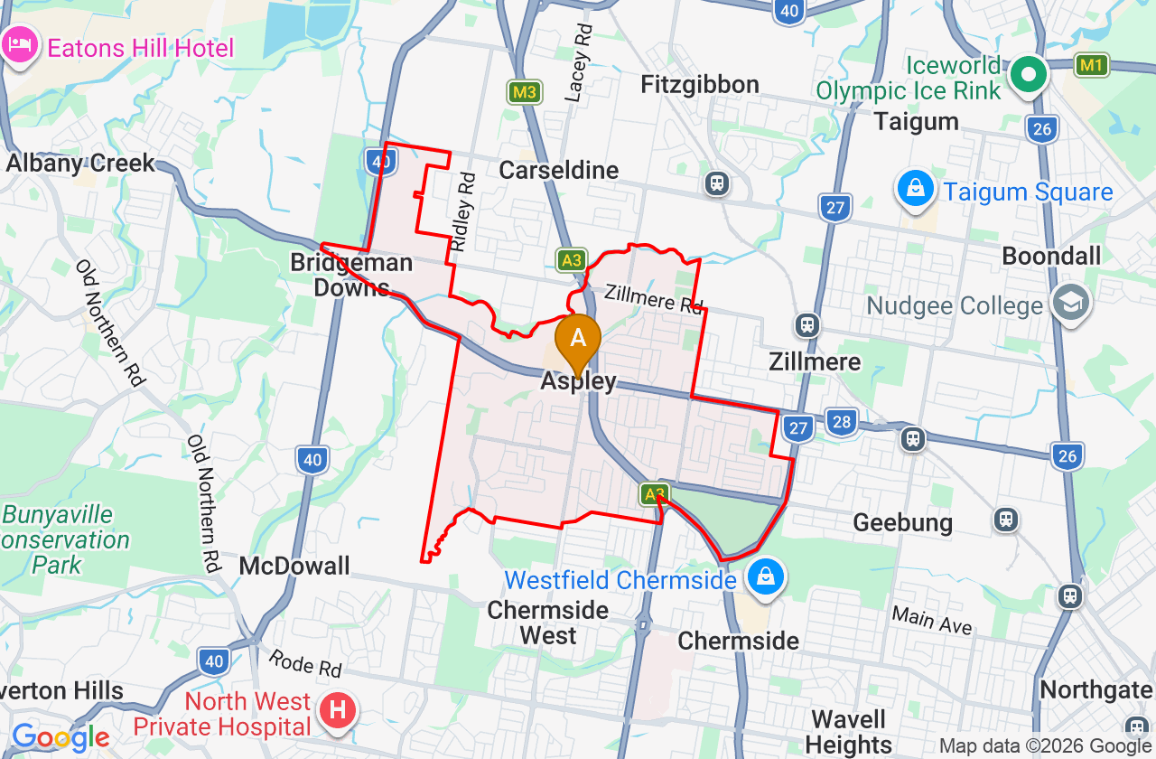 Map showing PCFixer computer repair service area and suburb boundary around Aspley QLD