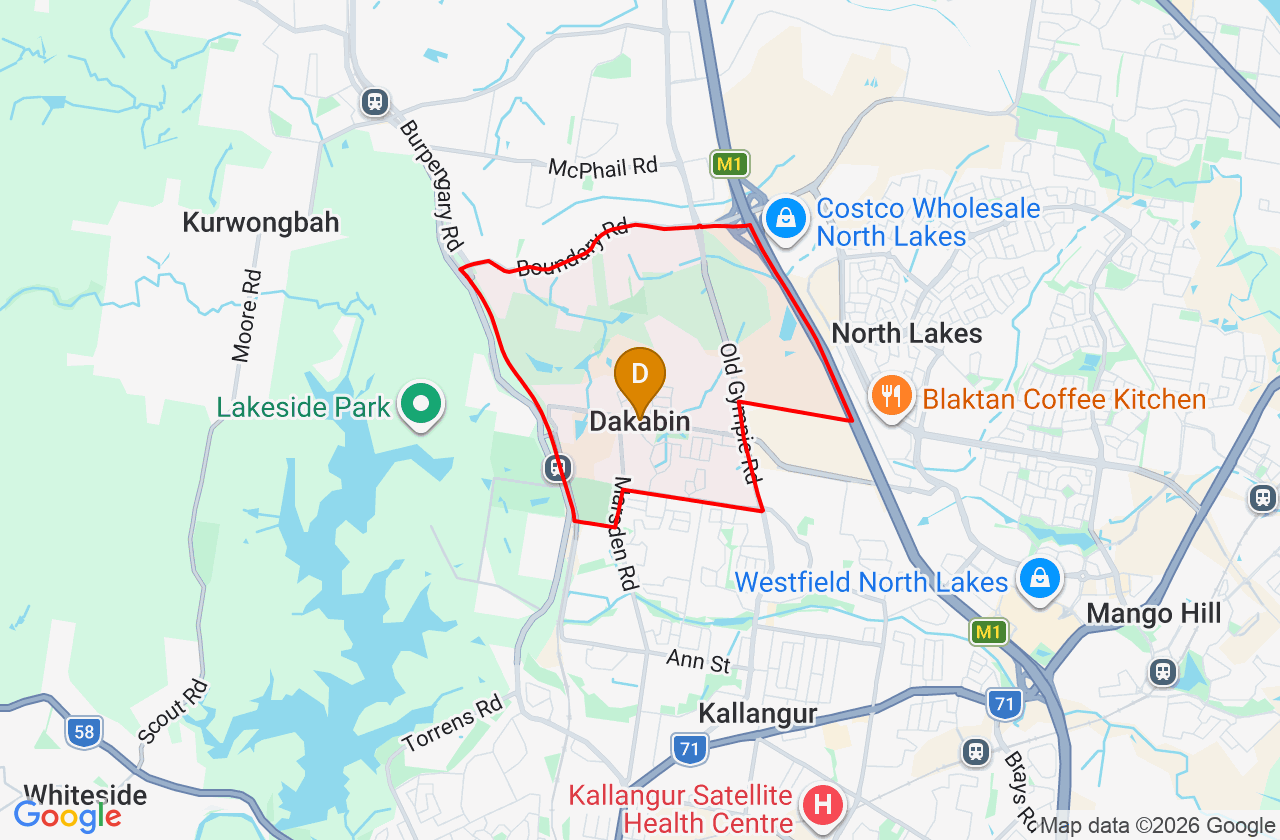 Map showing PCFixer computer repair service area and suburb boundary around Dakabin QLD