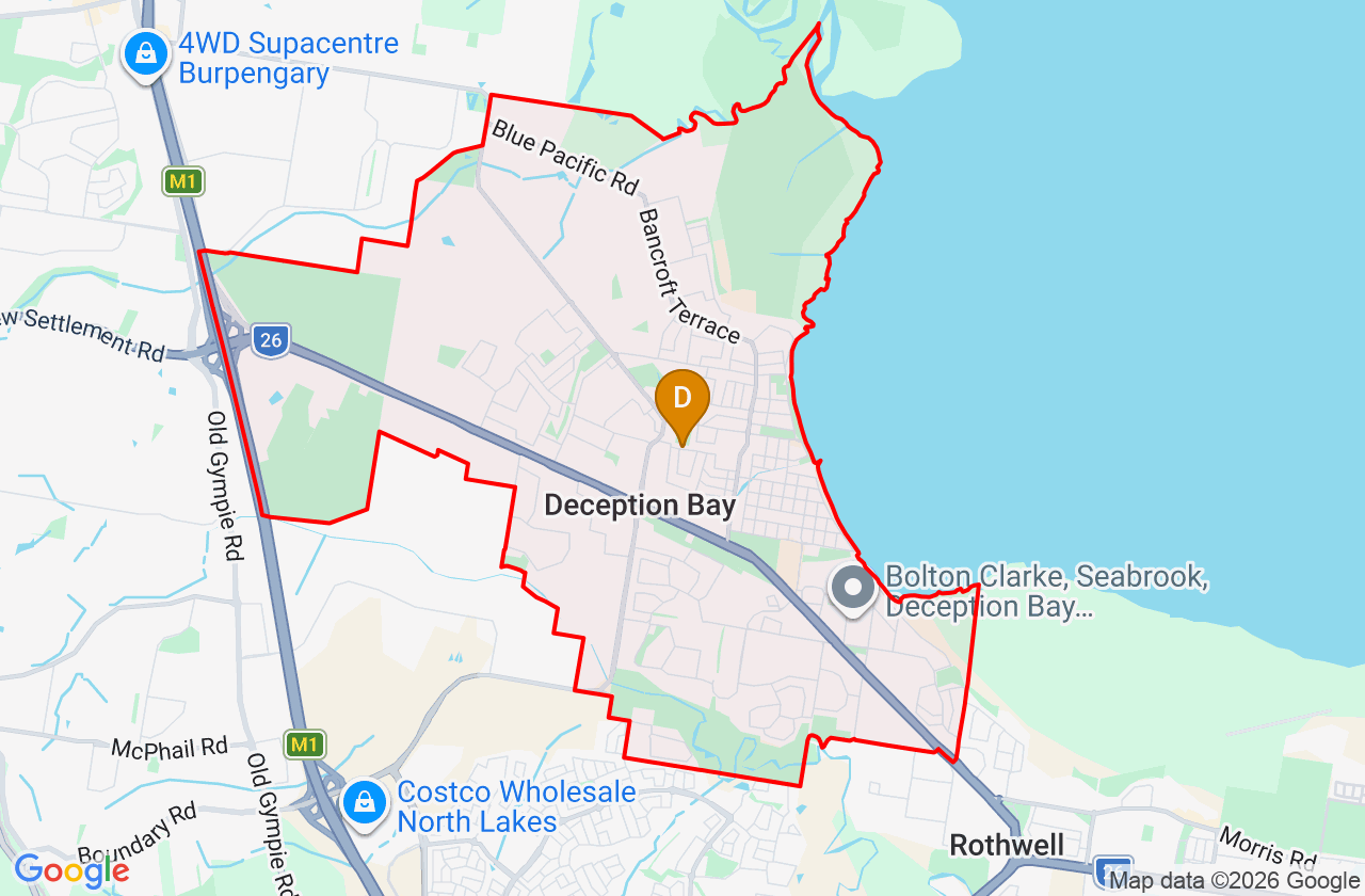 Map showing PCFixer computer repair service area and suburb boundary around Deception Bay QLD
