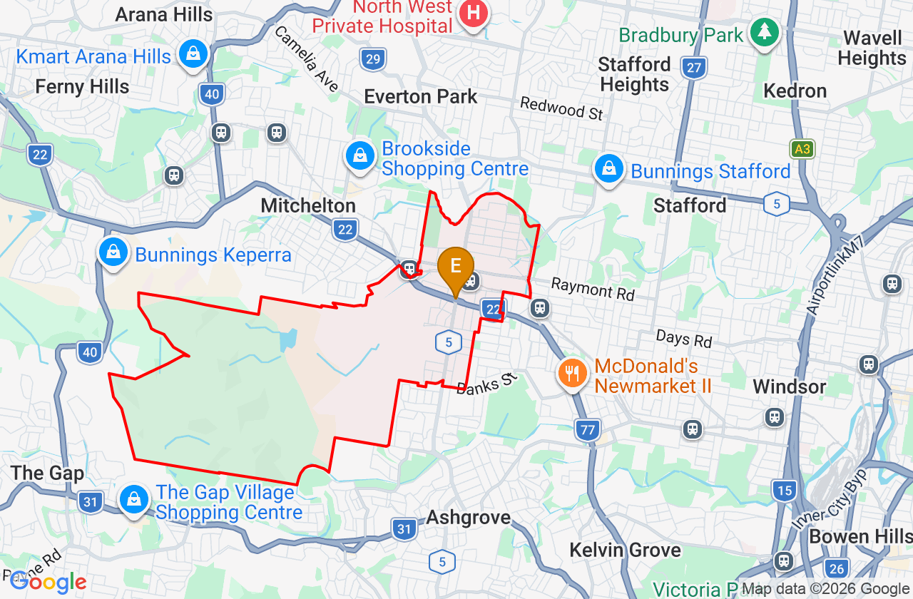 Map showing PCFixer computer repair service area and suburb boundary around Enoggera QLD