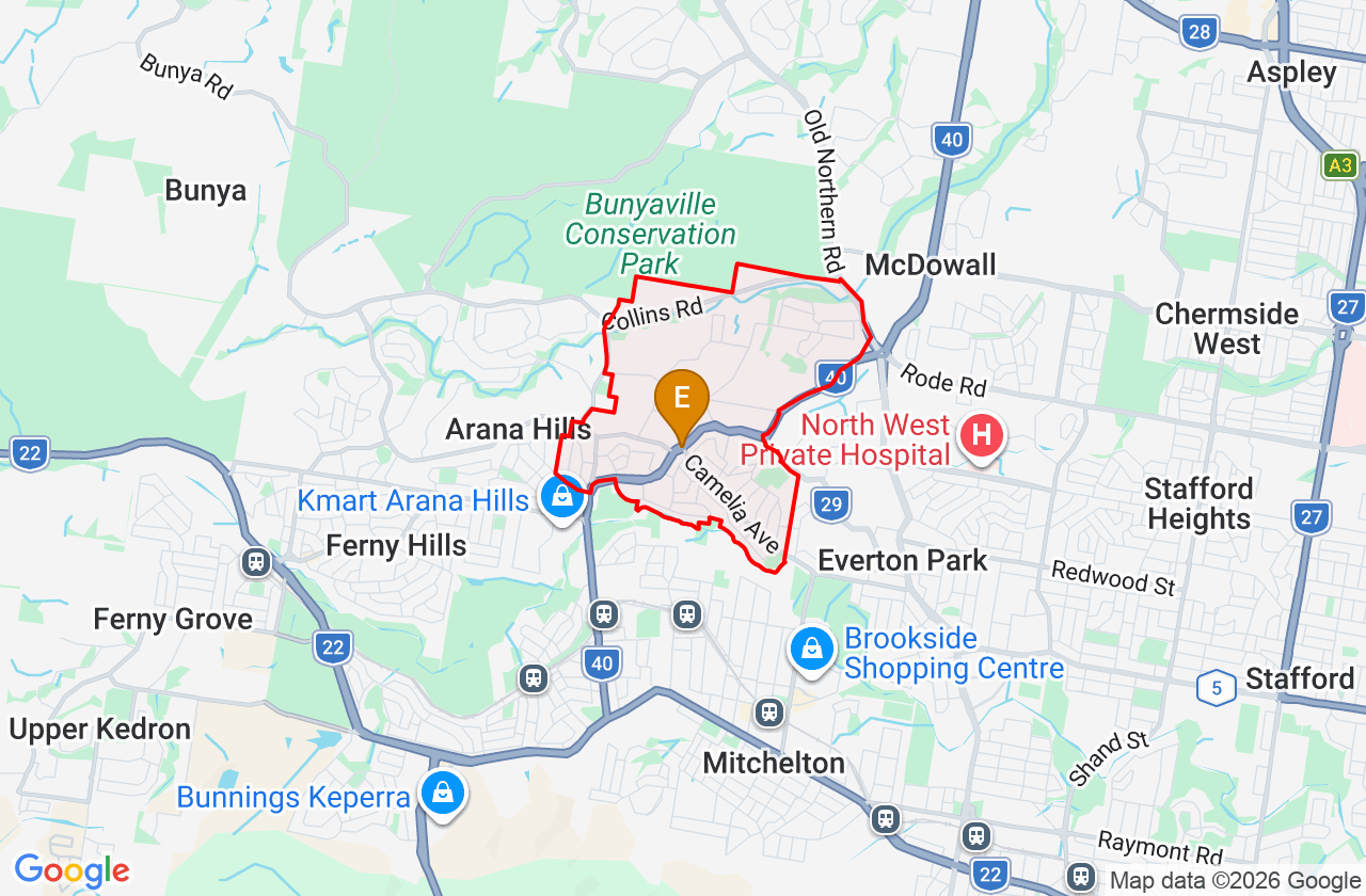Map showing PCFixer computer repair service area and suburb boundary around Everton Hills QLD