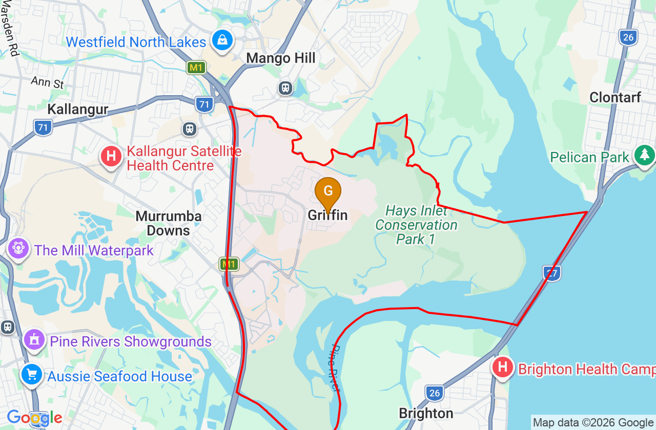 Map showing PCFixer computer repair service area and suburb boundary around Griffin QLD