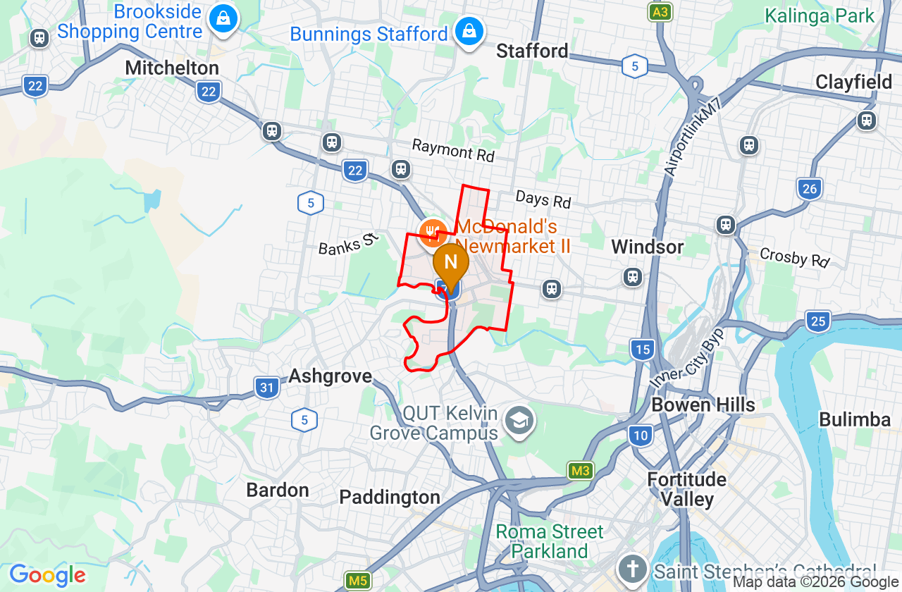 Map showing PCFixer computer repair service area and suburb boundary around Newmarket QLD