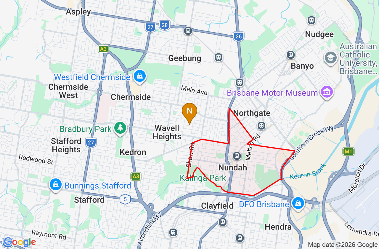 Map showing PCFixer computer repair service area and suburb boundary around Nundah QLD