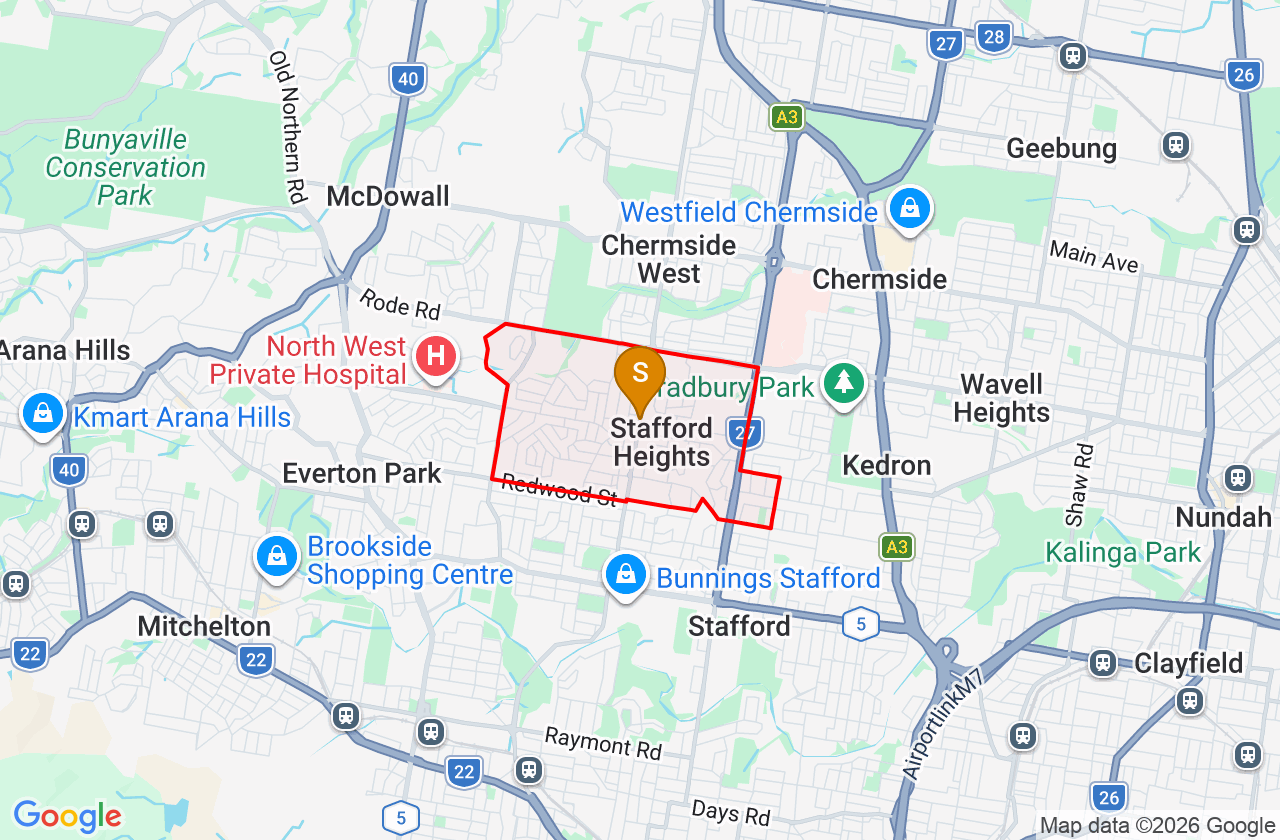 Map showing PCFixer computer repair service area and suburb boundary around Stafford Heights QLD