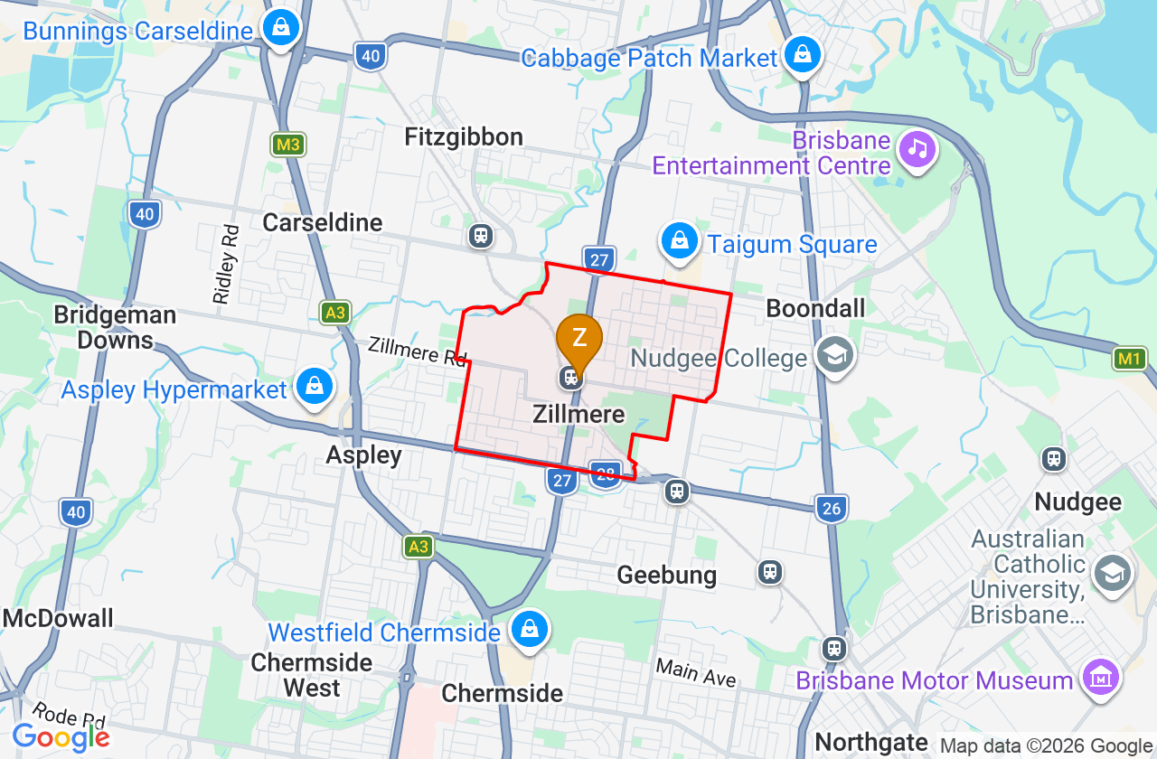 Map showing PCFixer computer repair service area and suburb boundary around Zillmere QLD